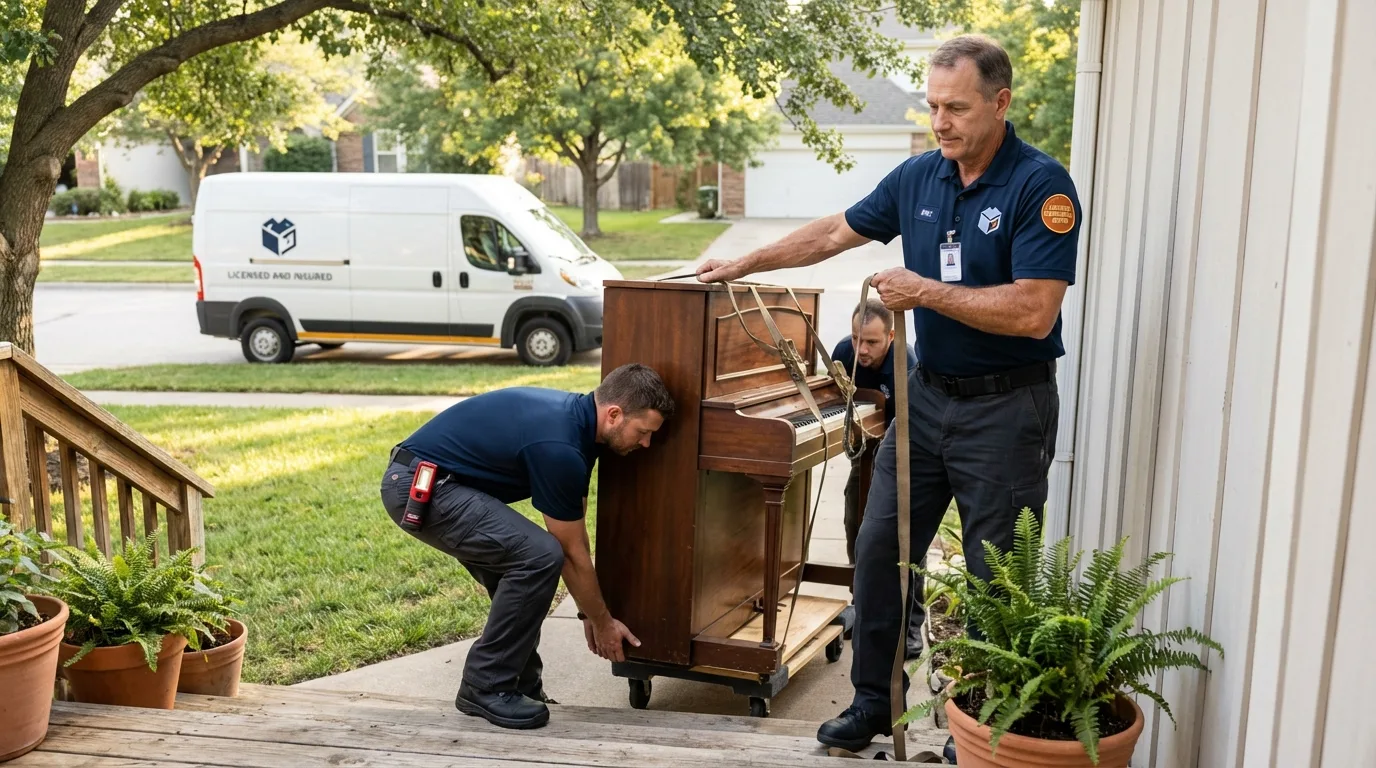 Licensed piano movers securing grand piano in Alexandria, AL