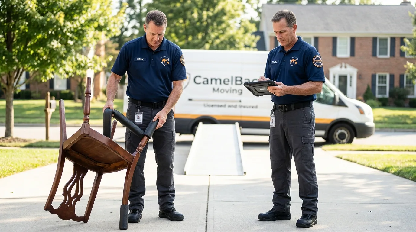 Movers inspecting furniture for damage prevention before loading in Alexandria, AL