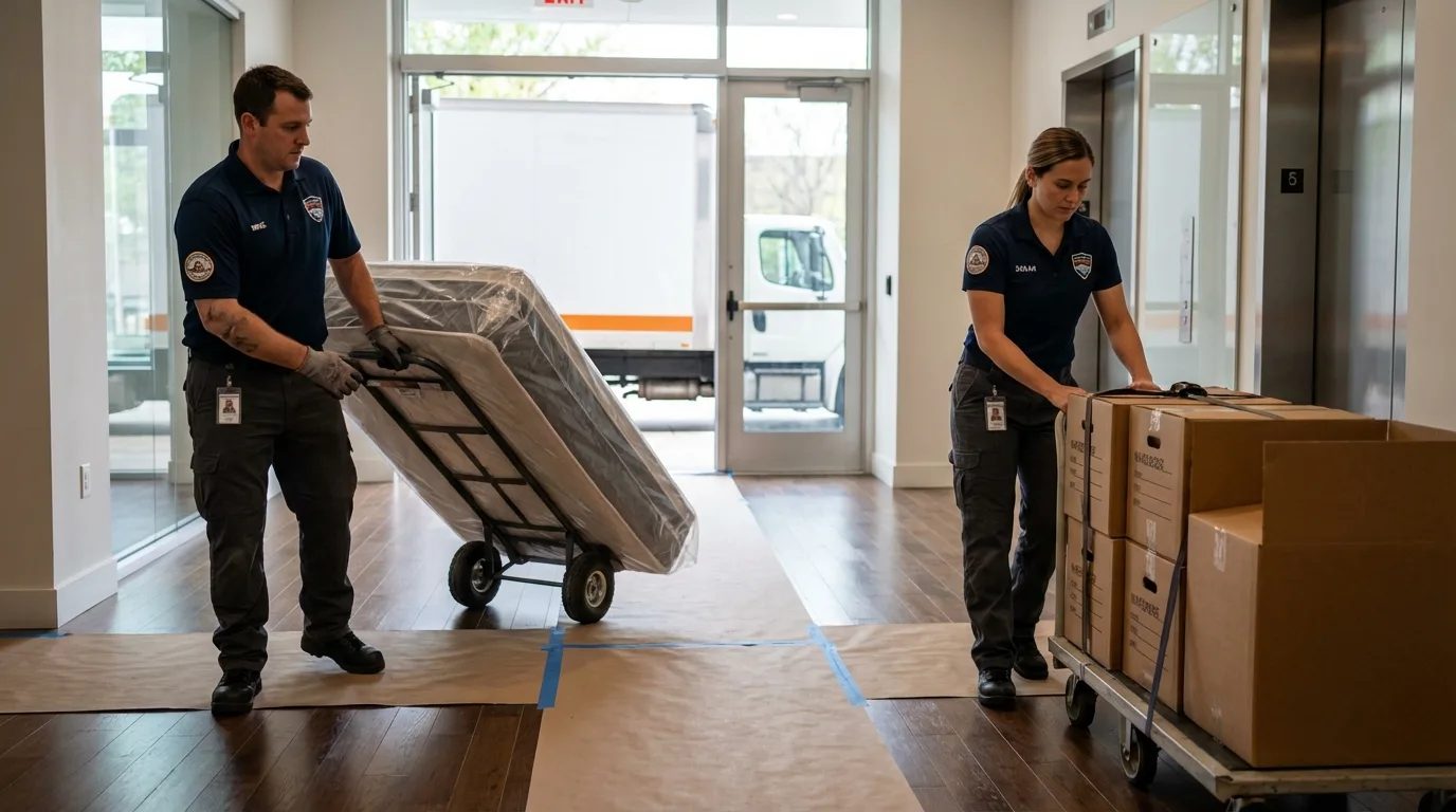 Professional apartment movers loading elevator in Alexandria, AL